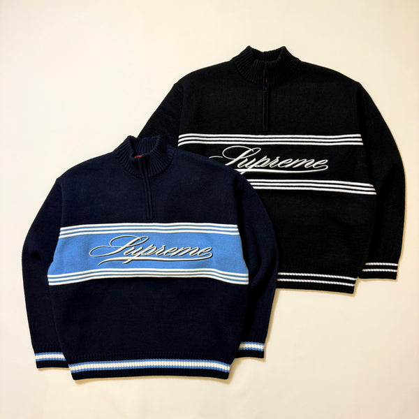 SUPREME SCRIPT STRIPE HALF ZIP SWEATER