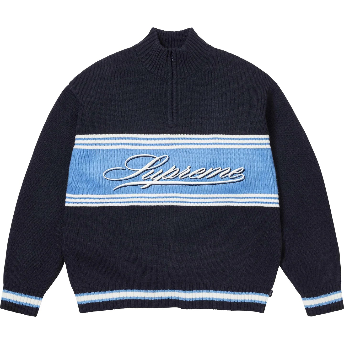 SUPREME SCRIPT STRIPE HALF ZIP SWEATER