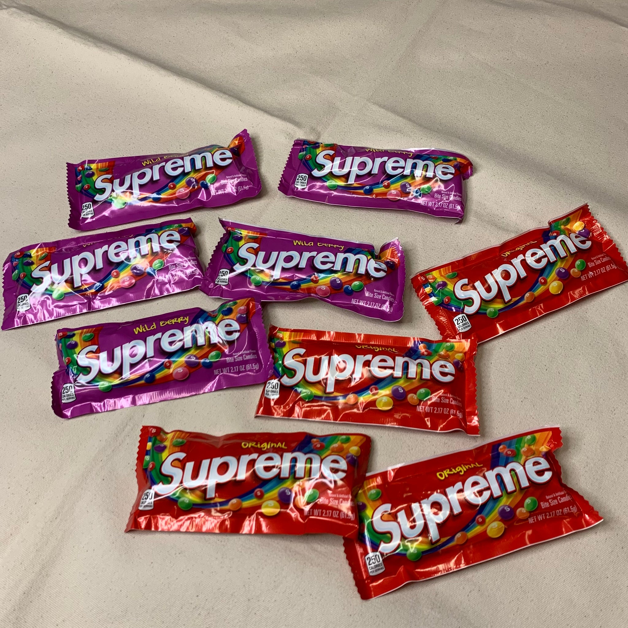 Supreme Skittles New Era Beanie Purple with 2 Packs of Supreme Skittles
